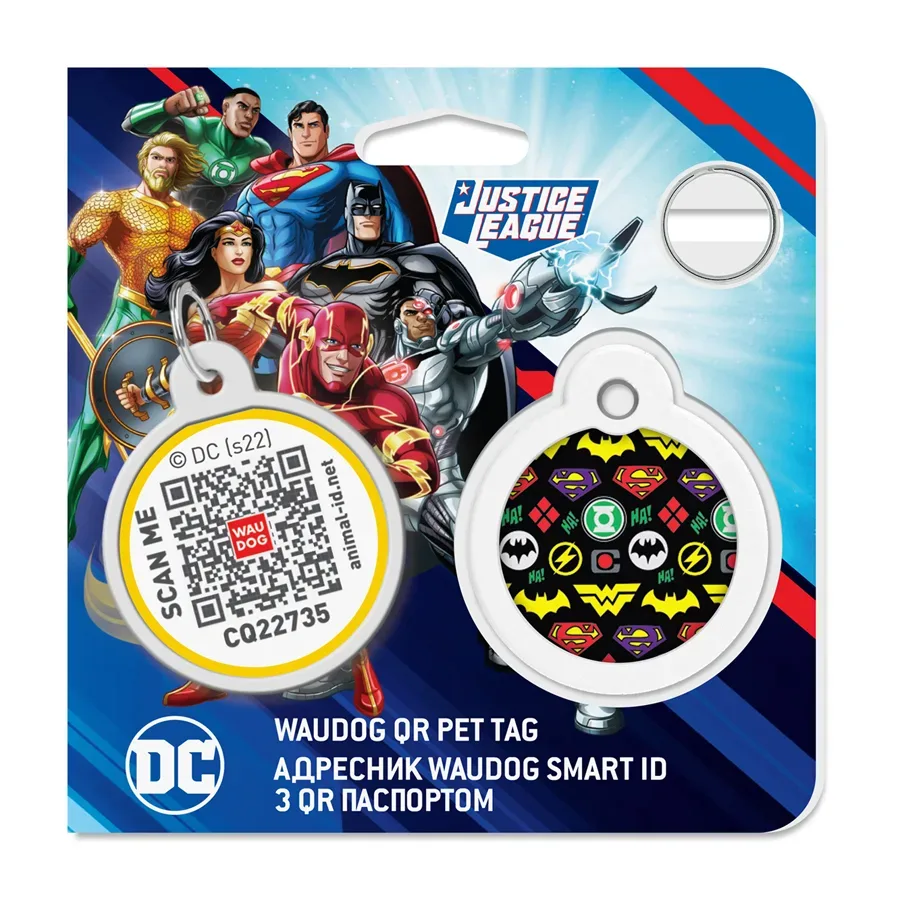 Адресник для собак і котів металевий, коло «Супергерої логоманія», L WAUDOG Smart ID Tag Superheroes Logomania