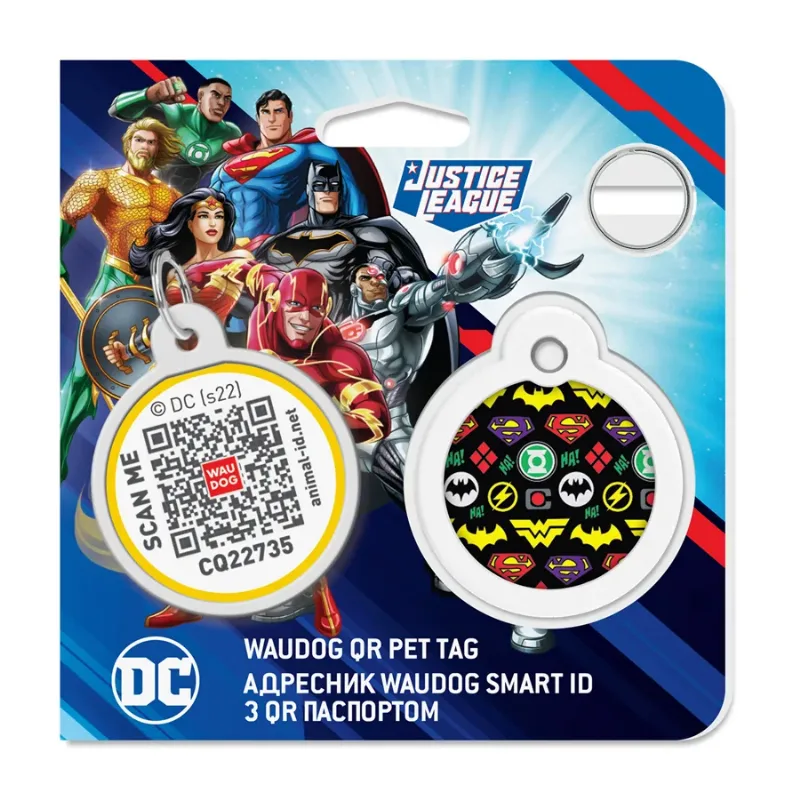 Адресник для собак і котів металевий, коло «Супергерої логоманія», L WAUDOG Smart ID Tag Superheroes Logomania