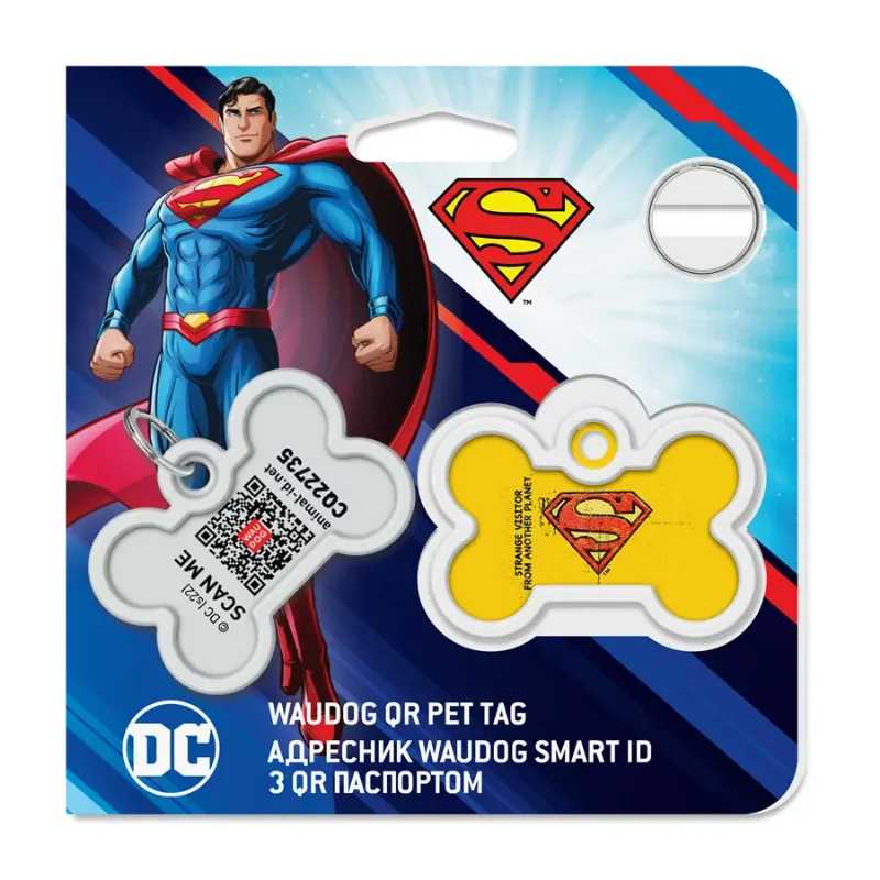 Адресник для собак і котів металевий, кістка «Супермен вінтаж», M WAUDOG Smart ID Tag Superman Vintage