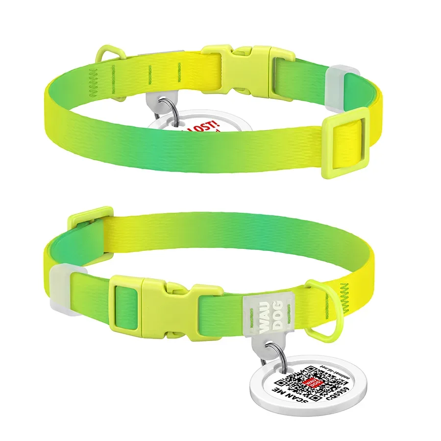 Нашийник для собак з нейлону з QR адресником, градієнт, XS, салатовий WAUDOG Nylon Recycled Collar