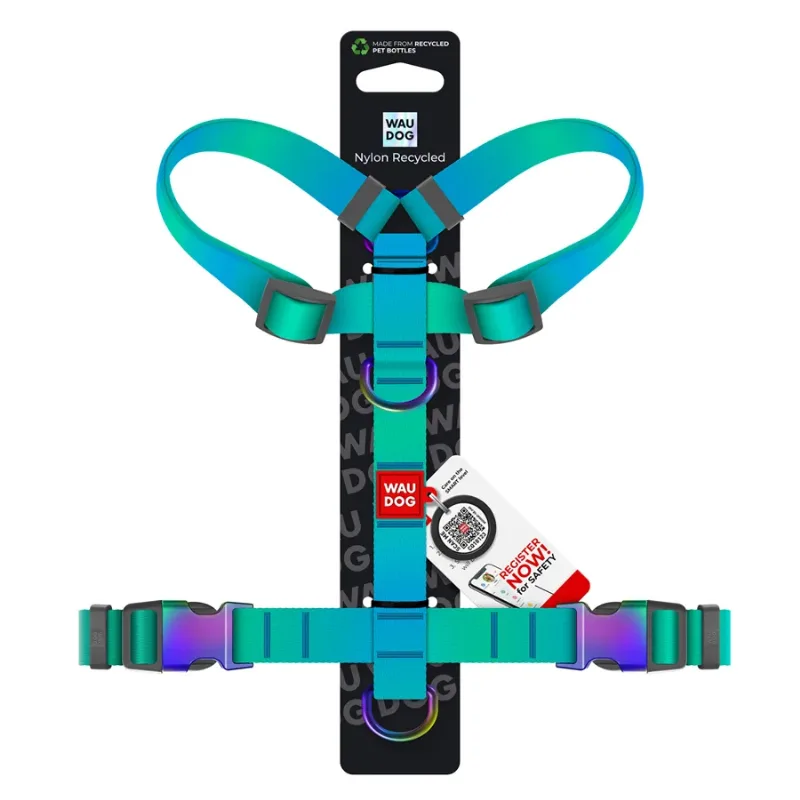 Шлея для собак анатомічна H-подібна, градієнт, S, блакитний WAUDOG Nylon Recycled Anatomic Harness
