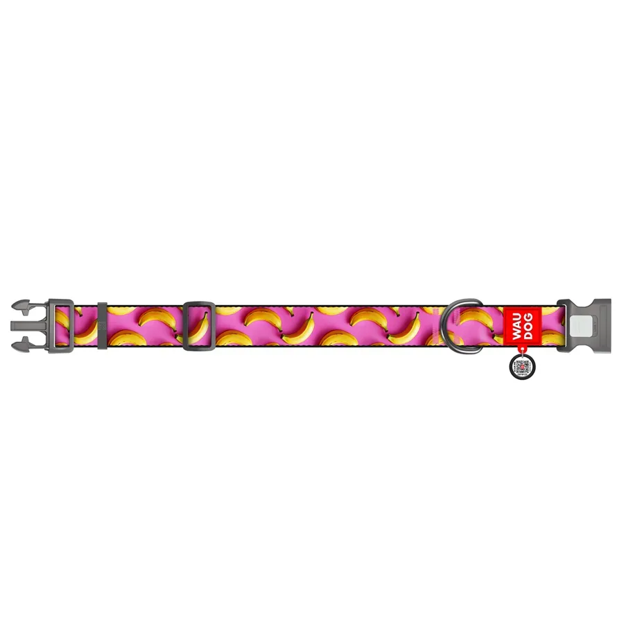 Нашийник для собак нейлоновий «Банани на рожевому», XXL WAUDOG Nylon Collar Bananas on Pink