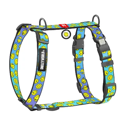 Шлея для собак анатомическая H-образная «Смайлы на голубом», XL WAUDOG Nylon Anatomic Harness Smileys on Blue