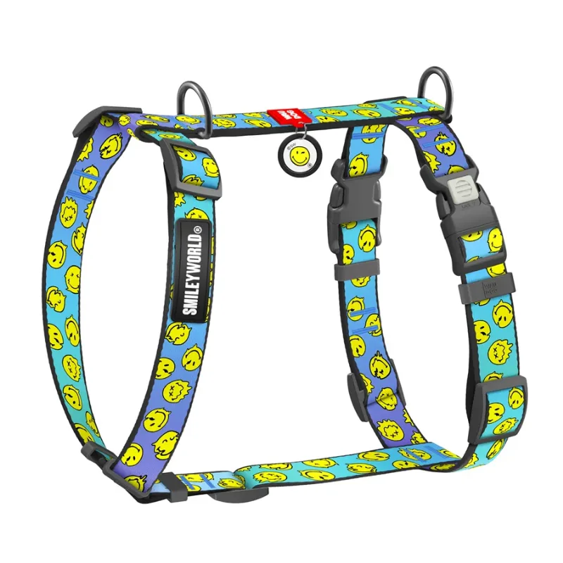 Шлея для собак анатомическая H-образная «Смайлы на голубом», XL WAUDOG Nylon Anatomic Harness Smileys on Blue