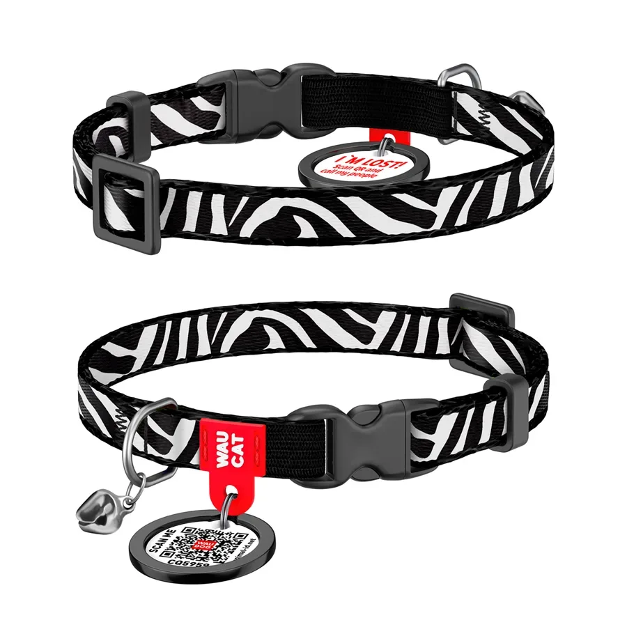 Ошейник для котов нейлоновый c QR адресником «Зебра», XS WAUCAT Nylon Collar Zebra