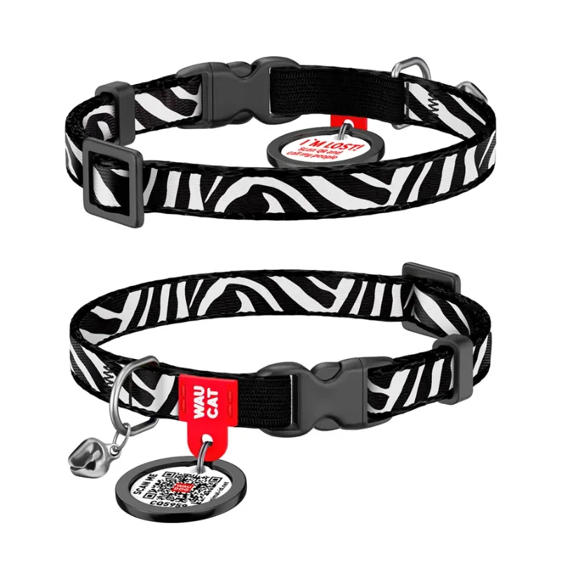 Ошейник для котов нейлоновый c QR адресником «Зебра», XS WAUCAT Nylon Collar Zebra