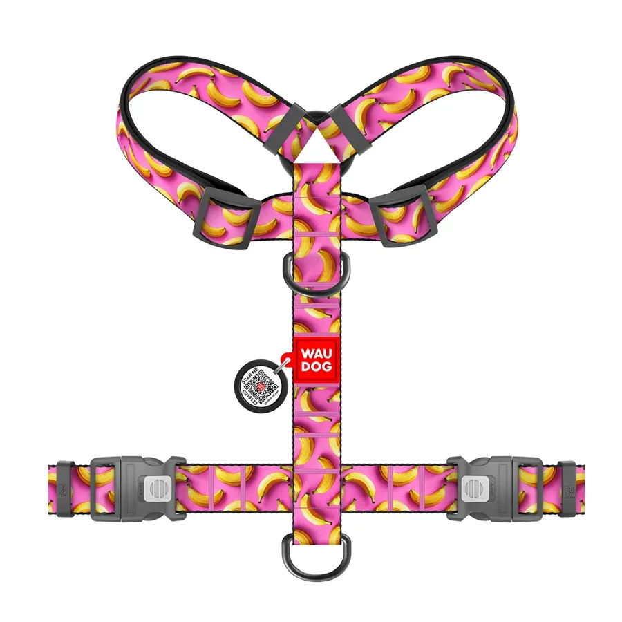 Шлея для собак анатомическая H-образная «Бананы на розовом», XL WAUDOG Nylon Anatomic Harness Bananas on Pink