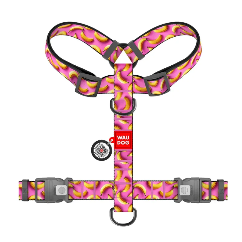 Шлея для собак анатомическая H-образная «Бананы на розовом», XL WAUDOG Nylon Anatomic Harness Bananas on Pink