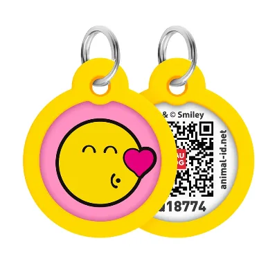 Адресник для собак і котів металевий, коло «Смайли на рожевому», L WAUDOG Smart ID Tag Smileys on Pink