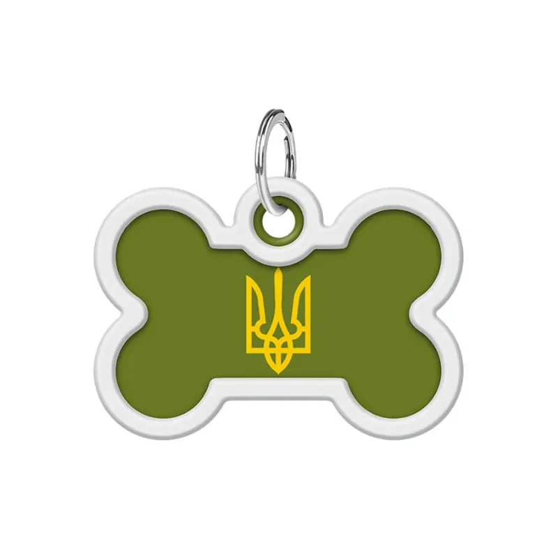 Адресник для собак і котів металевий, кістка «Тризуб олива», M WAUDOG Smart ID Tag Olive Trident