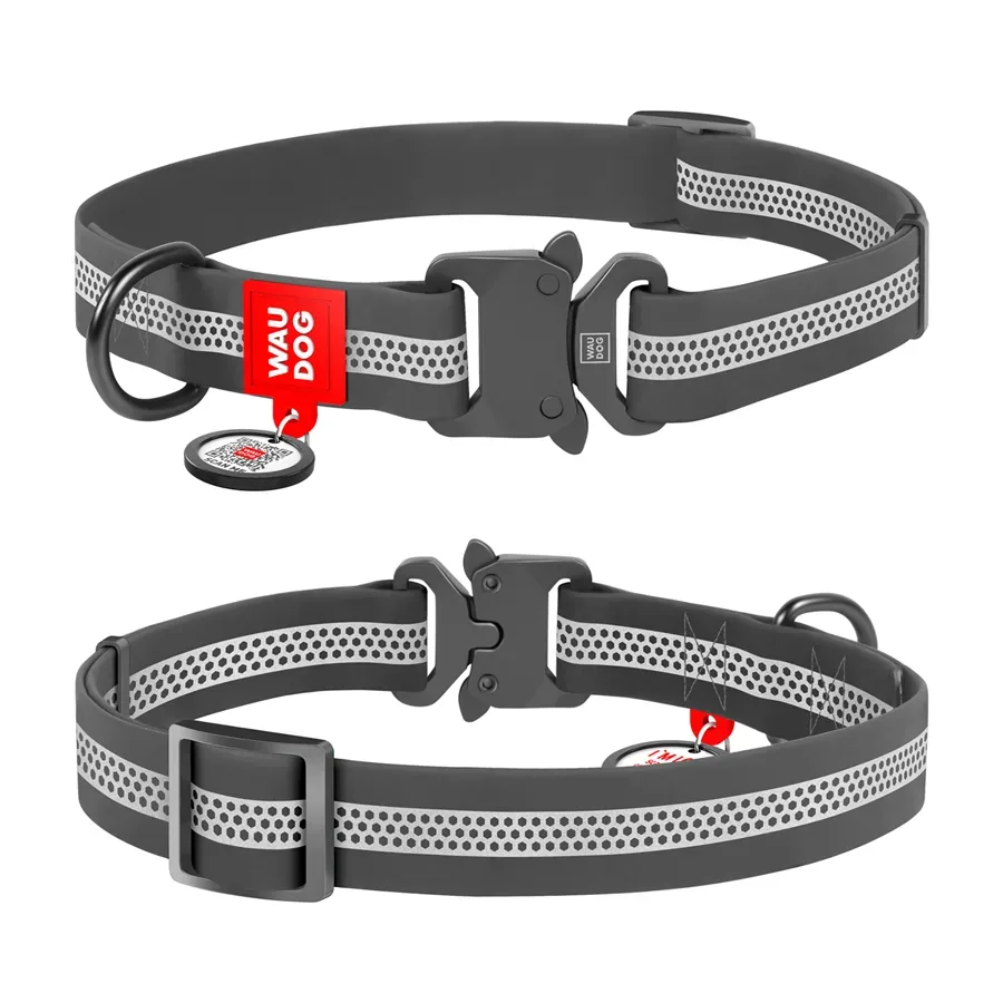 Ошейник для собак водостойкий, светоотражающий, L, серый WAUDOG Waterproof QR-паспортом Collar