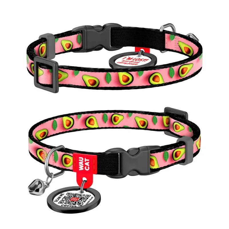Ошейник для котов нейлоновый «Авокадо на розовом», XS WAUCAT Nylon Collar Avocado on Pink