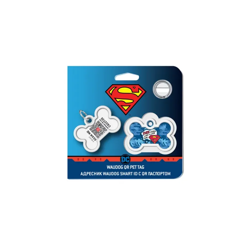 Адресник для собак і котів металевий, кістка «Робота для Супермена», M WAUDOG Smart ID Tag Job for Superman