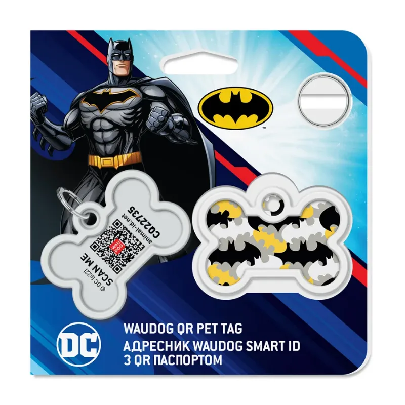 Адресник для собак и котов металлический, кость «Бэтмен узор», M WAUDOG Smart ID Tag Batman Pattern