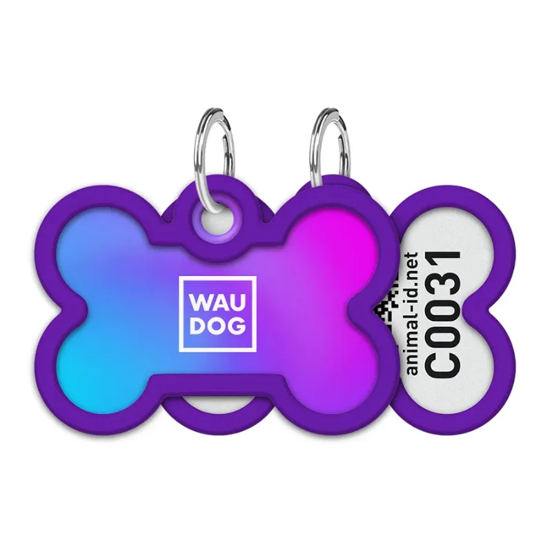 Адресник для собак и котов металлический, кость «Градиент фиолетовый», M WAUDOG Smart ID Tag Purple Gradient