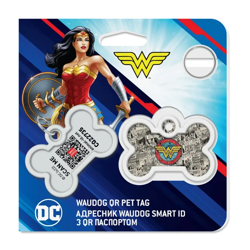 Адресник для собак і котів металевий, кістка «Чудо-жінка 2», M WAUDOG Smart ID Tag Wonder Woman 2