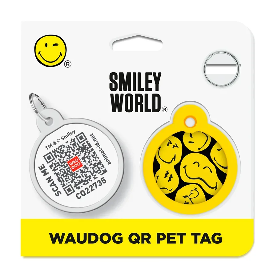 Адресник для собак і котів металевий, коло «Смайли на чорному», L WAUDOG Smart ID Tag Smileys on Black