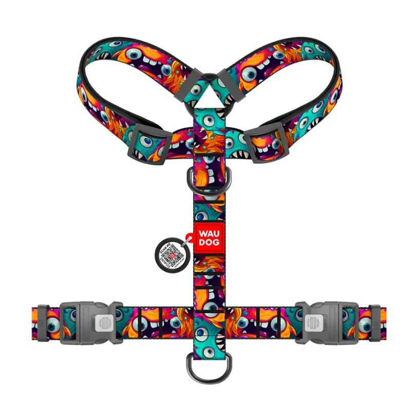 Шлея для собак анатомическая H-образная «Зубастые монстры», XL WAUDOG Nylon Anatomic Harness Toothy Monsters