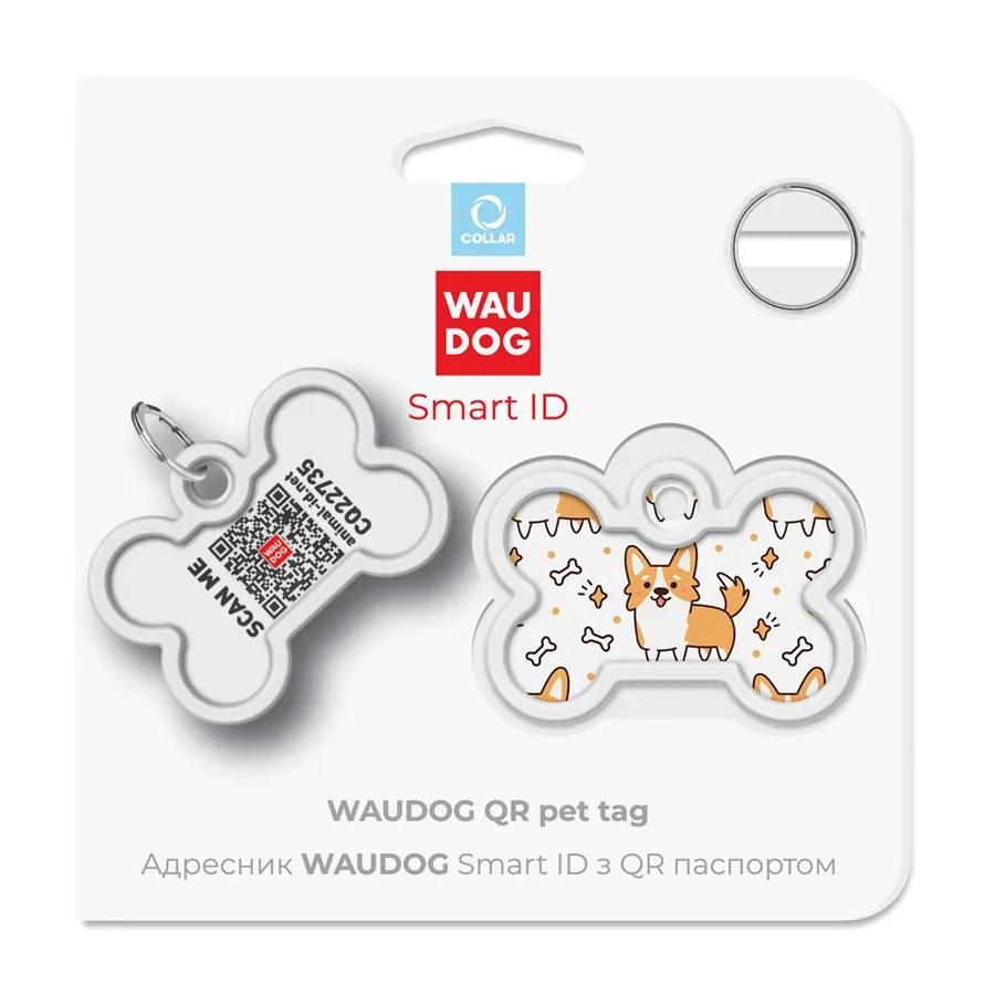 Адресник для собак і котів металевий, кістка «Коргі», M WAUDOG Smart ID Tag Corgi