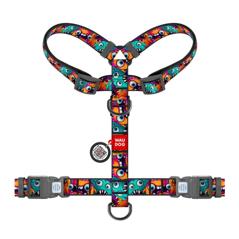Шлея для собак анатомічна H-подібна «Зубасті монстри», L WAUDOG Nylon Anatomic Harness Toothy Monsters