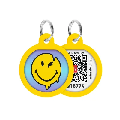 Адресник для собак і котів металевий, коло «Смайли на блакитному», S WAUDOG Smart ID Tag Smileys on Blue