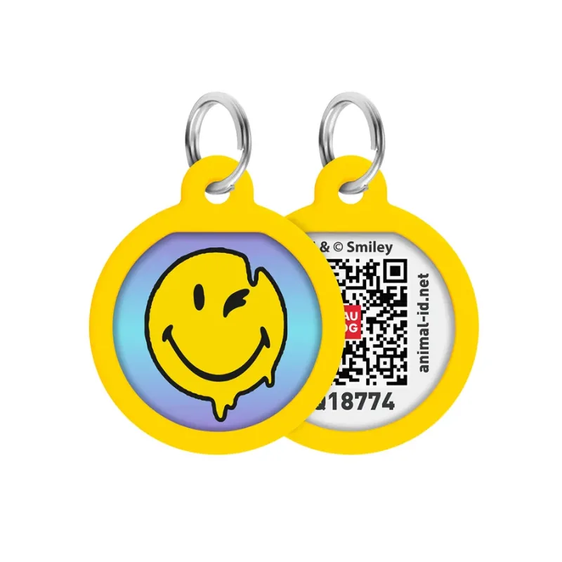Адресник для собак і котів металевий, коло «Смайли на блакитному», S WAUDOG Smart ID Tag Smileys on Blue