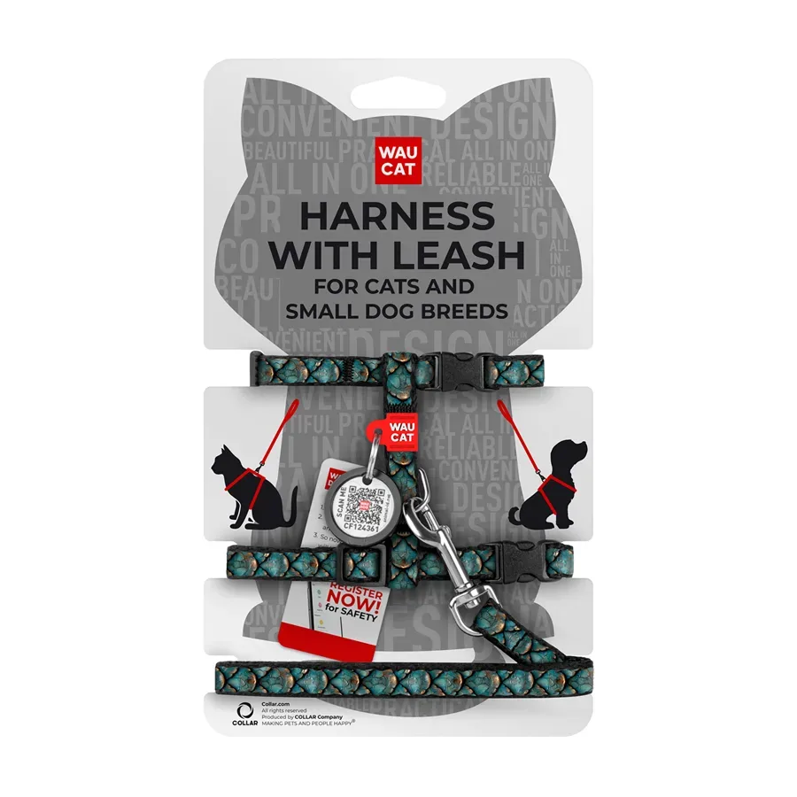 Шлея с поводком для котов и мелких пород собак c QR адресником «Чешуя», XS WAUCAT Nylon Harness with Leash Scales