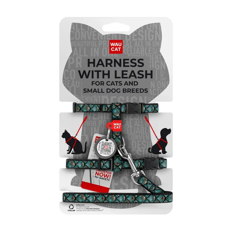 Шлея с поводком для котов и мелких пород собак c QR адресником «Чешуя», XS WAUCAT Nylon Harness with Leash Scales