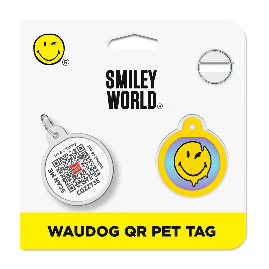 Адресник для собак і котів металевий, коло «Смайли на блакитному», S WAUDOG Smart ID Tag Smileys on Blue