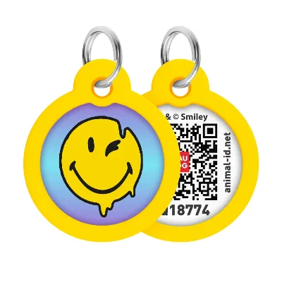 Адресник для собак і котів металевий, коло «Смайли на блакитному», L WAUDOG Smart ID Tag Smileys on Blue