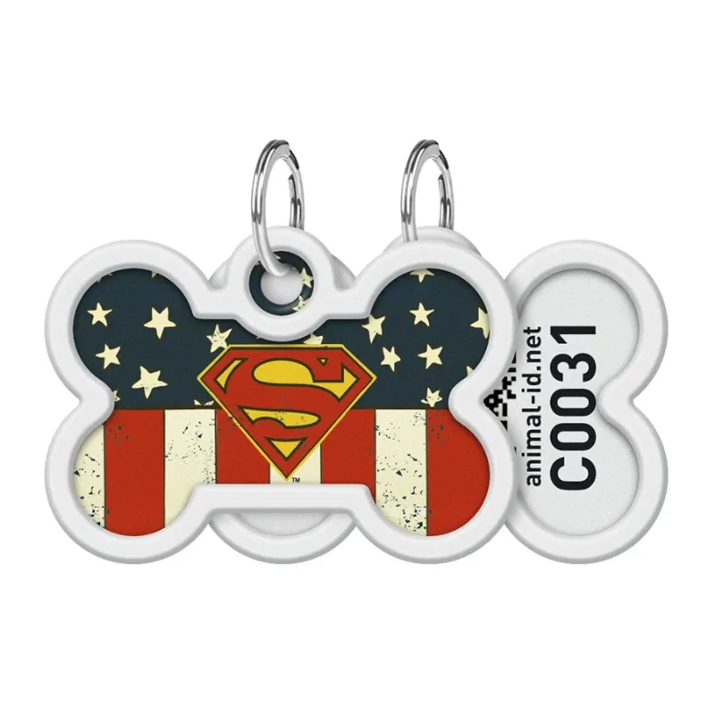 Адресник для собак и котов металлический, кость «Супермен Америка», M WAUDOG Smart ID Tag Superman America