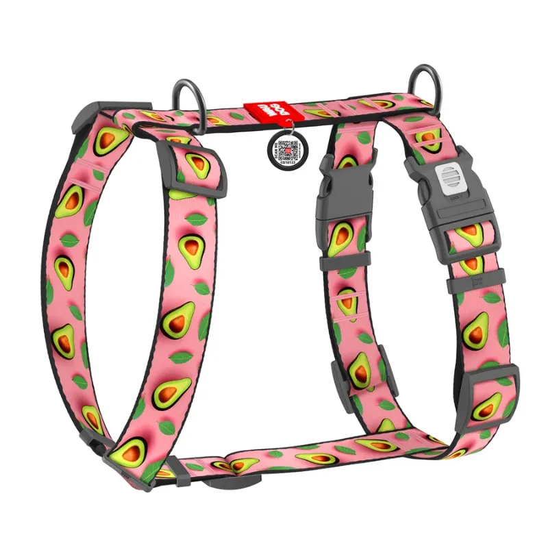 Шлея для собак анатомическая H-образная «Авокадо на розовом», XL WAUDOG Nylon Anatomic Harness Avocado on Pink