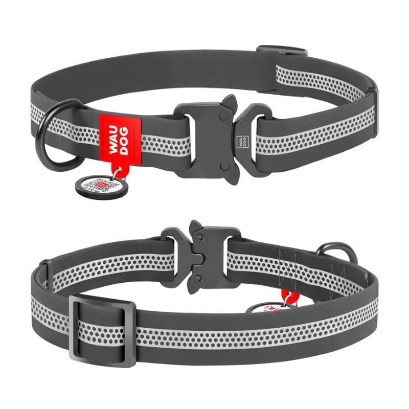 Нашийник для собак водостійкий, світловідбивний, M, сірий WAUDOG Waterproof QR-паспортом Collar
