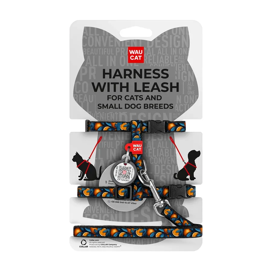 Шлея з повідцем для котів та дрібних порід собак «Апельсини», XS WAUCAT Nylon Harness with Leash Oranges