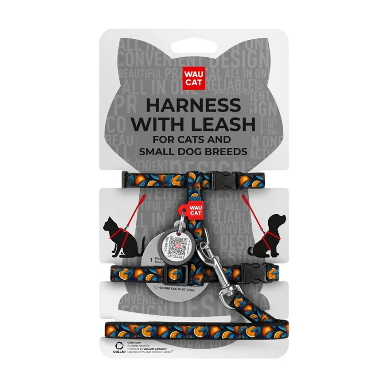 Шлея з повідцем для котів та дрібних порід собак «Апельсини», XS WAUCAT Nylon Harness with Leash Oranges