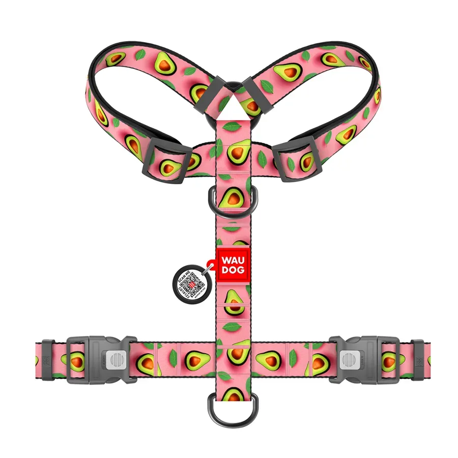Шлея для собак анатомическая H-образная «Авокадо на розовом», XL WAUDOG Nylon Anatomic Harness Avocado on Pink