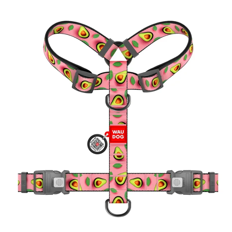 Шлея для собак анатомическая H-образная «Авокадо на розовом», XL WAUDOG Nylon Anatomic Harness Avocado on Pink