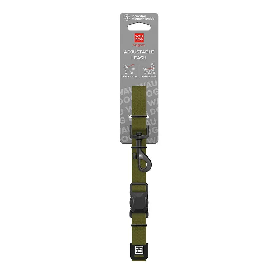 Повідець для собак регульований водостійкий, M, хакі WAUDOG Magnet Adjustable Leash