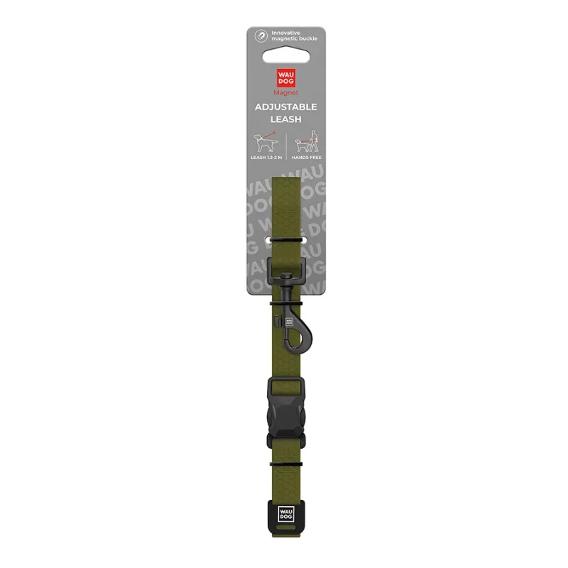 Повідець для собак регульований водостійкий, M, хакі WAUDOG Magnet Adjustable Leash