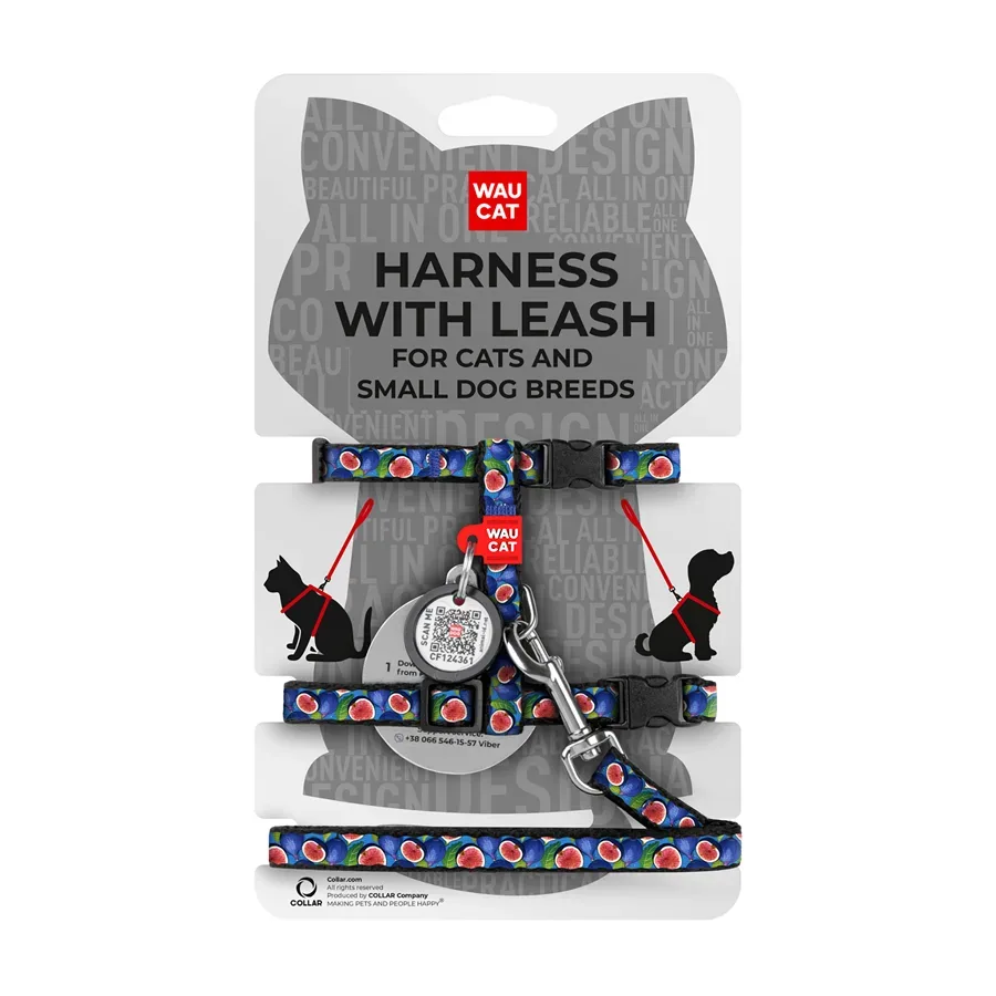 Шлея з повідцем для котів та дрібних порід собак «Інжир», XS WAUCAT Nylon Harness with Leash Figs