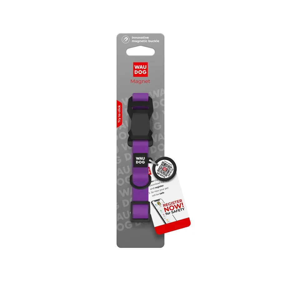 Нашийник для собак водостійкий паспортом, S, фіолетовий WAUDOG Magnetc QR Collar