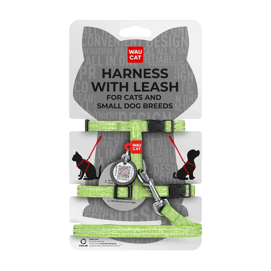 Шлея с поводком для котов, из восстановленного хлопка, XS, салатовый WAUCAT Re-cotton Harness with Leash