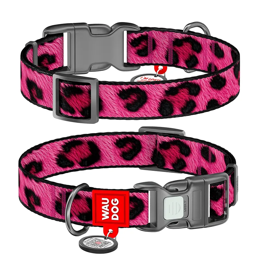 Ошейник для собак нейлоновый «Леопард розовый», M WAUDOG Nylon Collar Pink Leopard