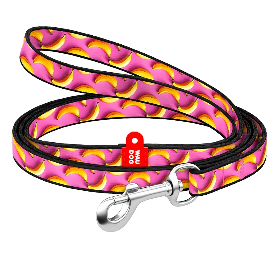 Поводок для котов и мелких пород собак нейлоновый «Бананы на розовом», XS WAUDOG Nylon Leash Bananas on Pink