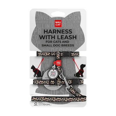 Шлея с поводком для котов и мелких пород собак «Леопард», XS WAUCAT Nylon Harness with Leash Leopard