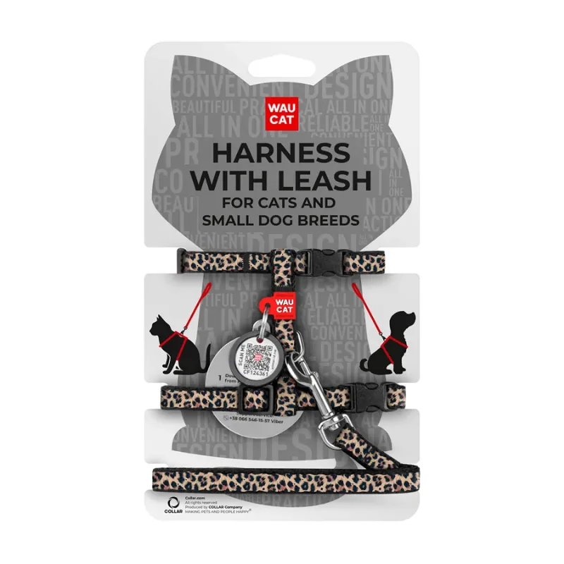 Шлея с поводком для котов и мелких пород собак «Леопард», XS WAUCAT Nylon Harness with Leash Leopard