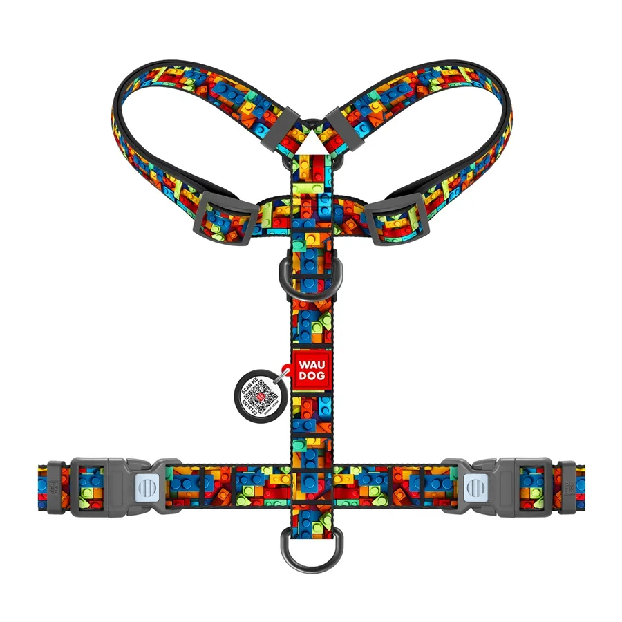 Шлея для собак анатомическая H-образная «Блоки», L WAUDOG Nylon Anatomic Harness Blocks