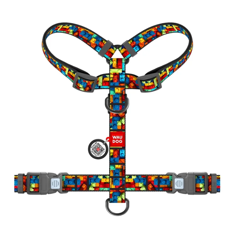 Шлея для собак анатомическая H-образная «Блоки», L WAUDOG Nylon Anatomic Harness Blocks