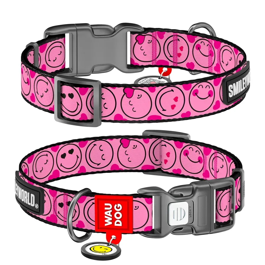 Ошейник для собак нейлоновый «Смайлы на розовом», XL WAUDOG Nylon Collar Smileys on Pink
