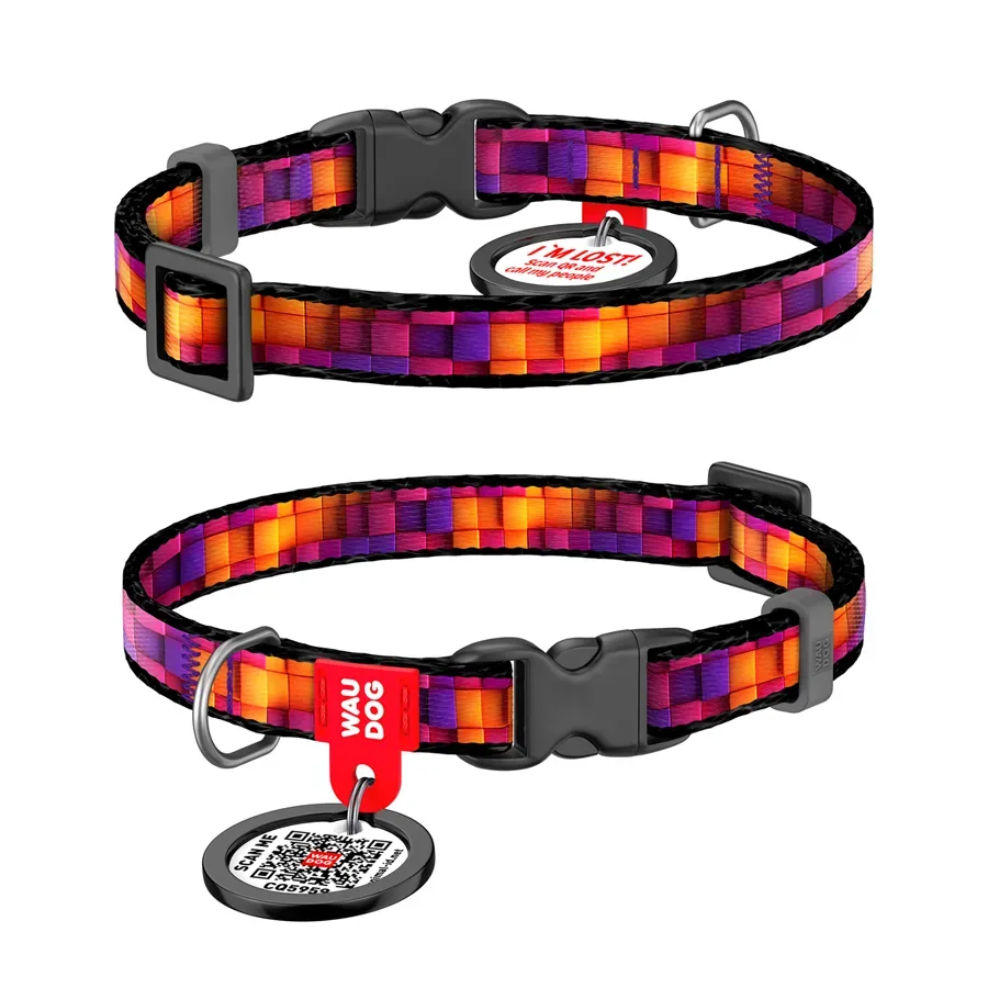Ошейник для котов и мелких пород собак нейлоновый «Кубы 3Д», XS WAUDOG Nylon Collar 3D Cubes